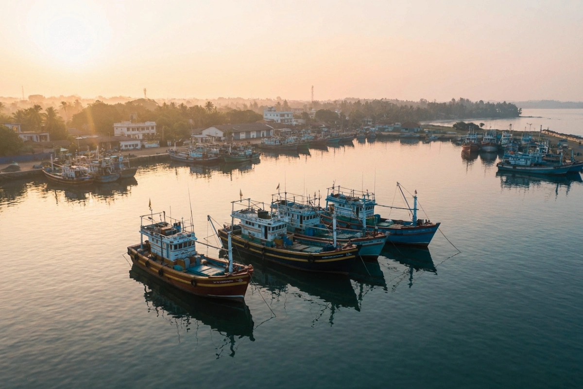 Aerial drone shot of commercial fishing vessels moored in a Sri Lankan harbour at dawn