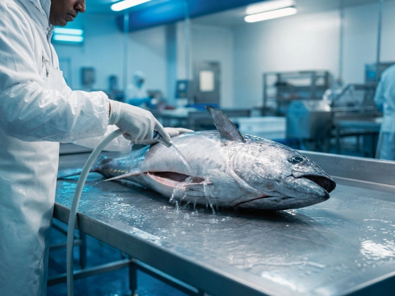 Washing tuna with chill water