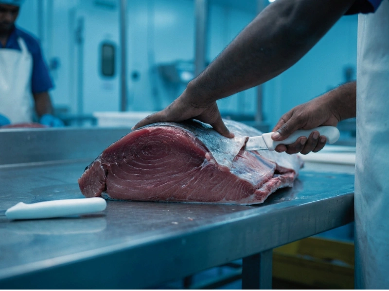 Skinning the tuna flesh