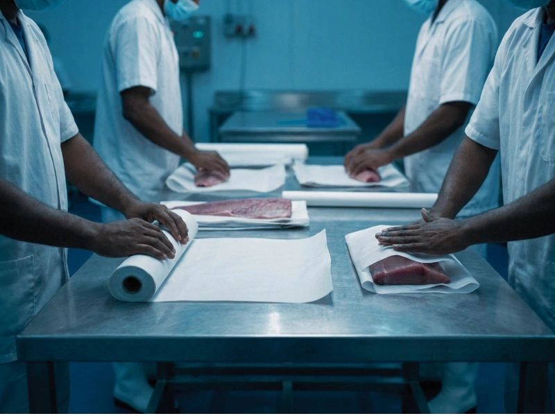 Wrapping fillets with food grade paper