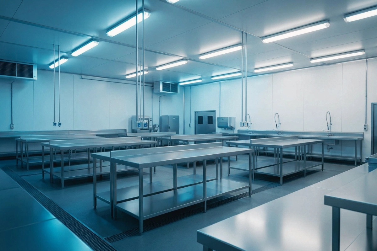 Modern stainless steel seafood processing facility
